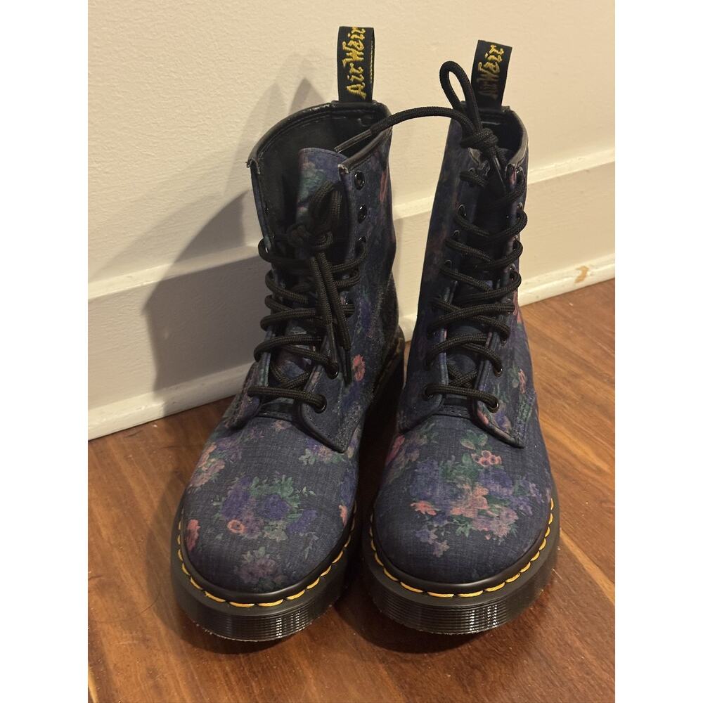 Dr. Martens 1460s Castels Airwair Blue Denim Canvas Flower Combat Boots Wm 6